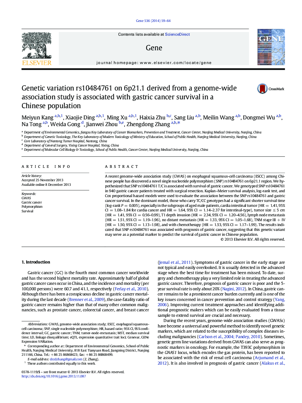 Genetic variation rs10484761 on 6p21.1 derived from a genome-wide association study is associated with gastric cancer survival in a Chinese population