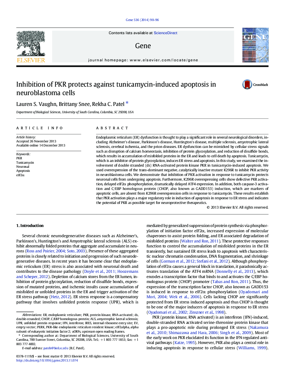 Inhibition of PKR protects against tunicamycin-induced apoptosis in neuroblastoma cells