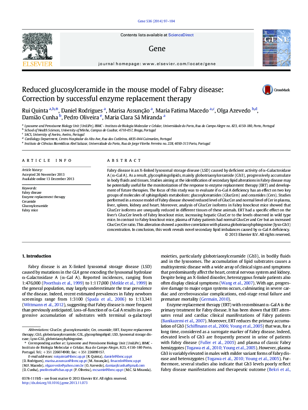 Reduced glucosylceramide in the mouse model of Fabry disease: Correction by successful enzyme replacement therapy