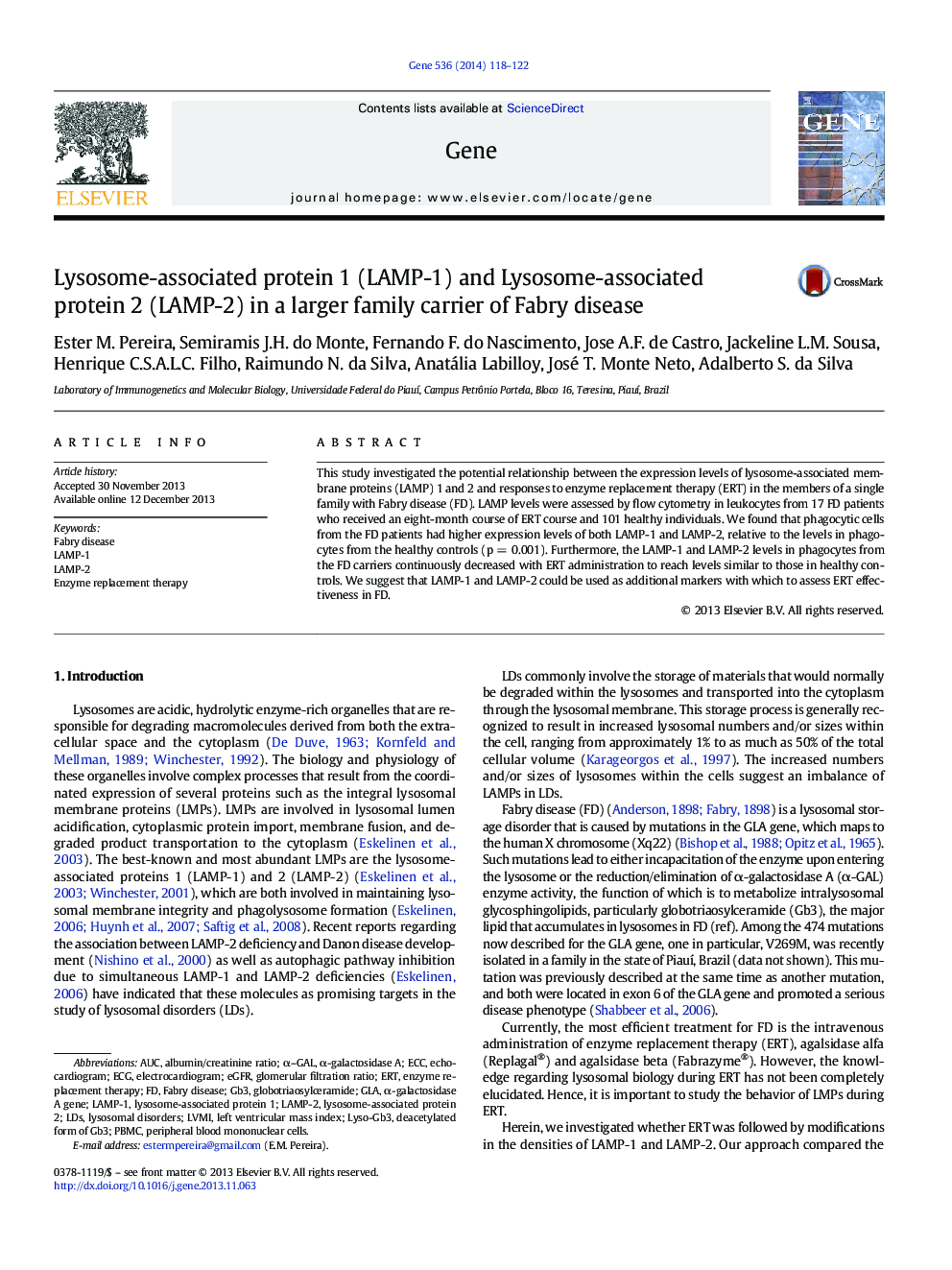 Lysosome-associated protein 1 (LAMP-1) and Lysosome-associated protein 2 (LAMP-2) in a larger family carrier of Fabry disease