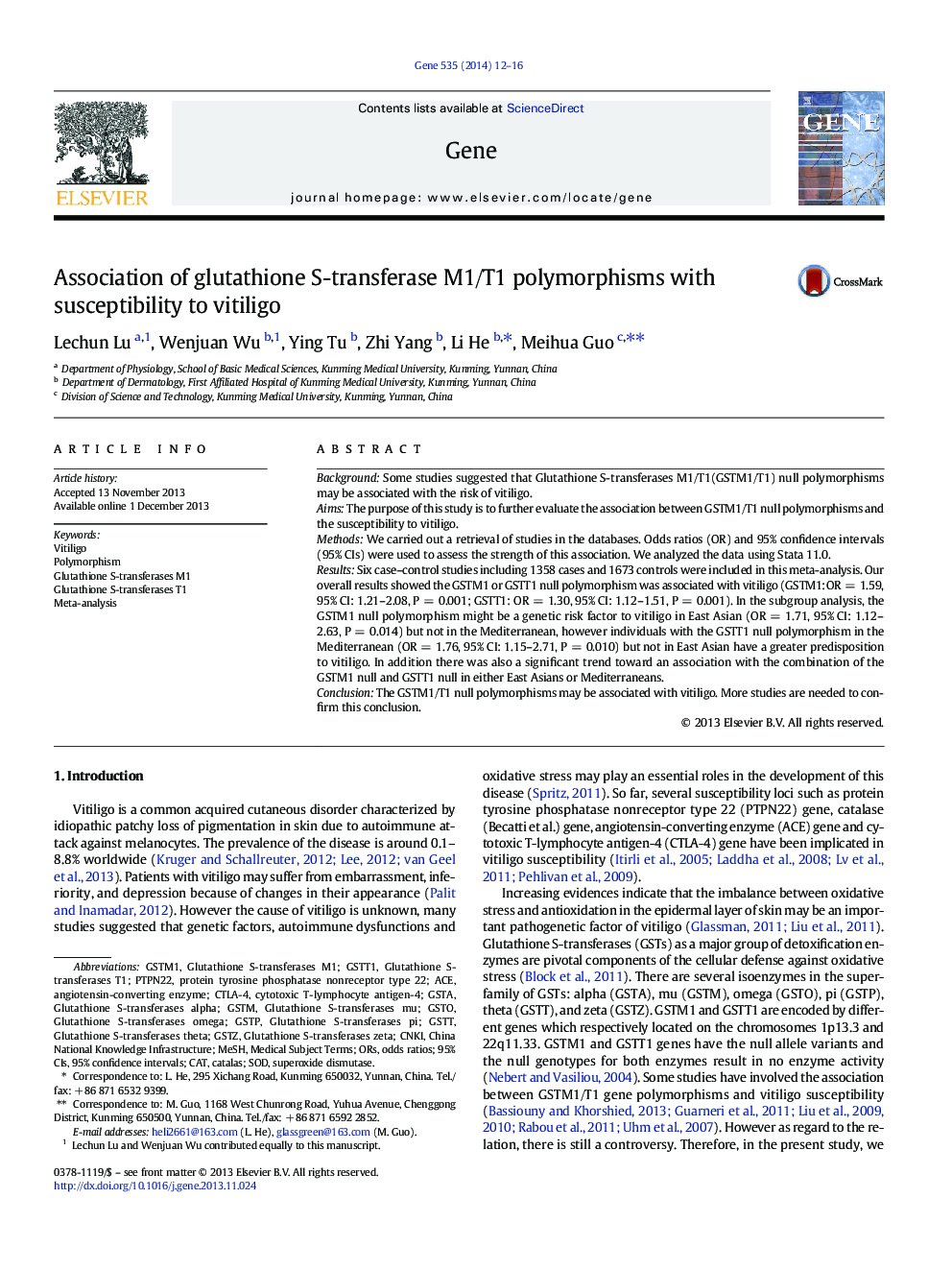 Association of glutathione S-transferase M1/T1 polymorphisms with susceptibility to vitiligo