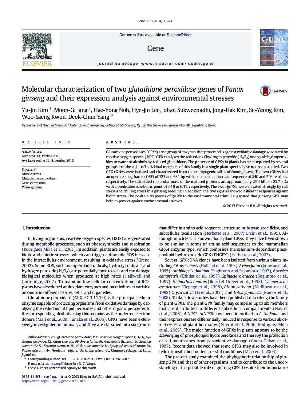 Molecular characterization of two glutathione peroxidase genes of Panax ginseng and their expression analysis against environmental stresses