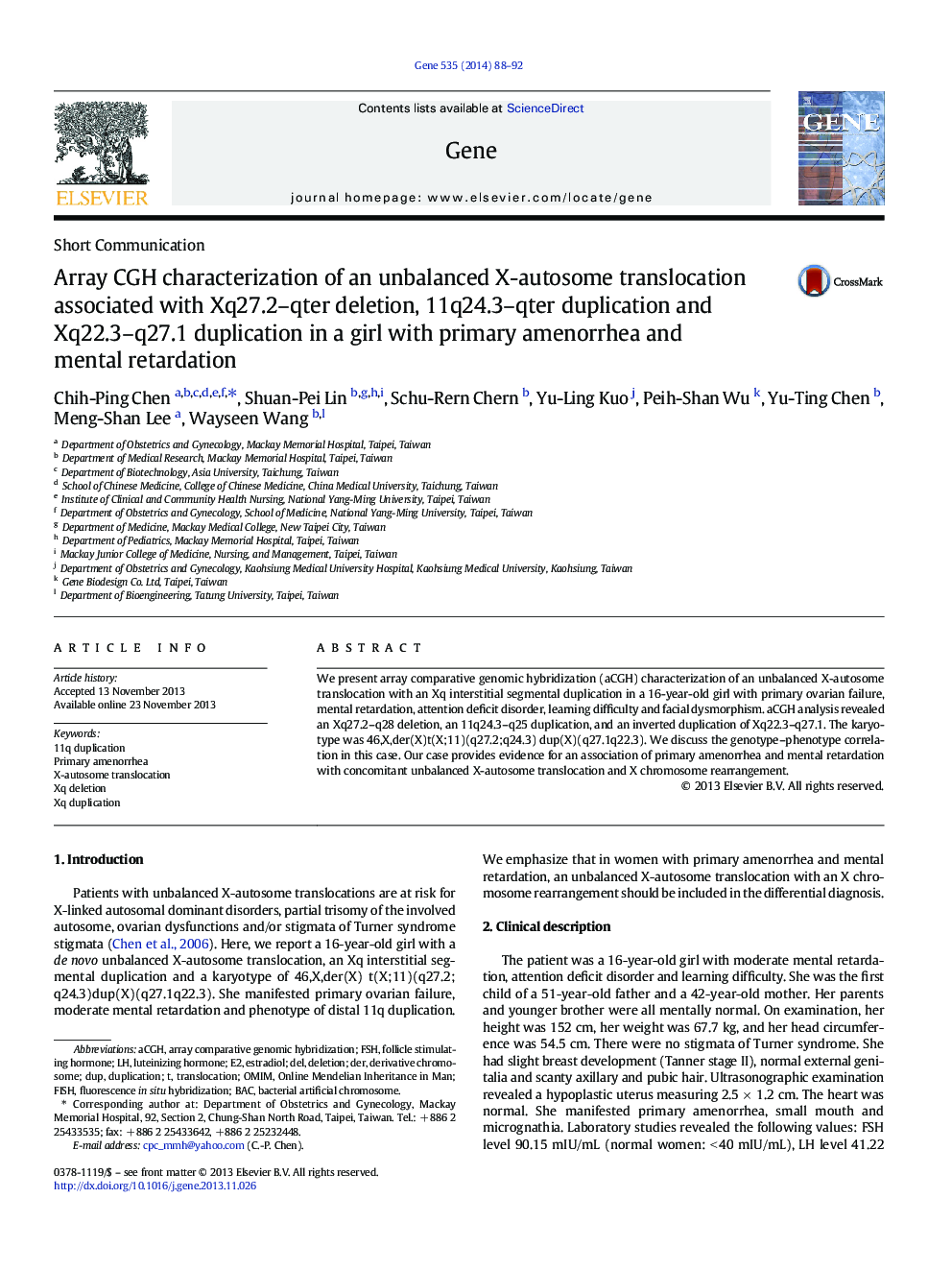 Array CGH characterization of an unbalanced X-autosome translocation associated with Xq27.2–qter deletion, 11q24.3–qter duplication and Xq22.3–q27.1 duplication in a girl with primary amenorrhea and mental retardation