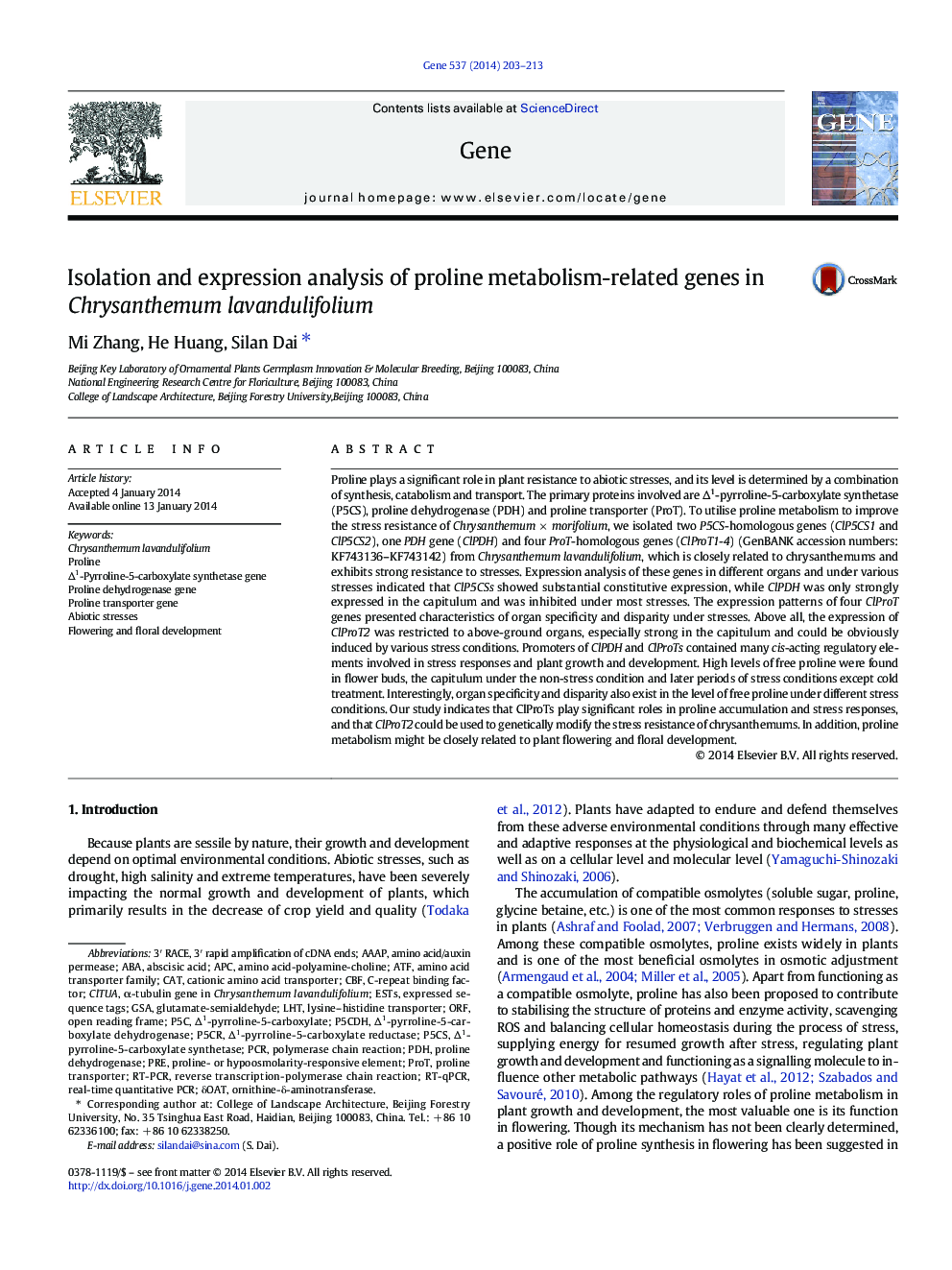 Isolation and expression analysis of proline metabolism-related genes in Chrysanthemum lavandulifolium