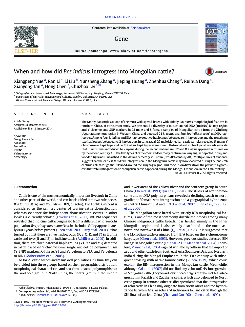 When and how did Bos indicus introgress into Mongolian cattle?