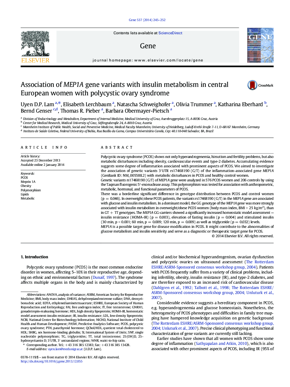 Association of MEP1A gene variants with insulin metabolism in central European women with polycystic ovary syndrome