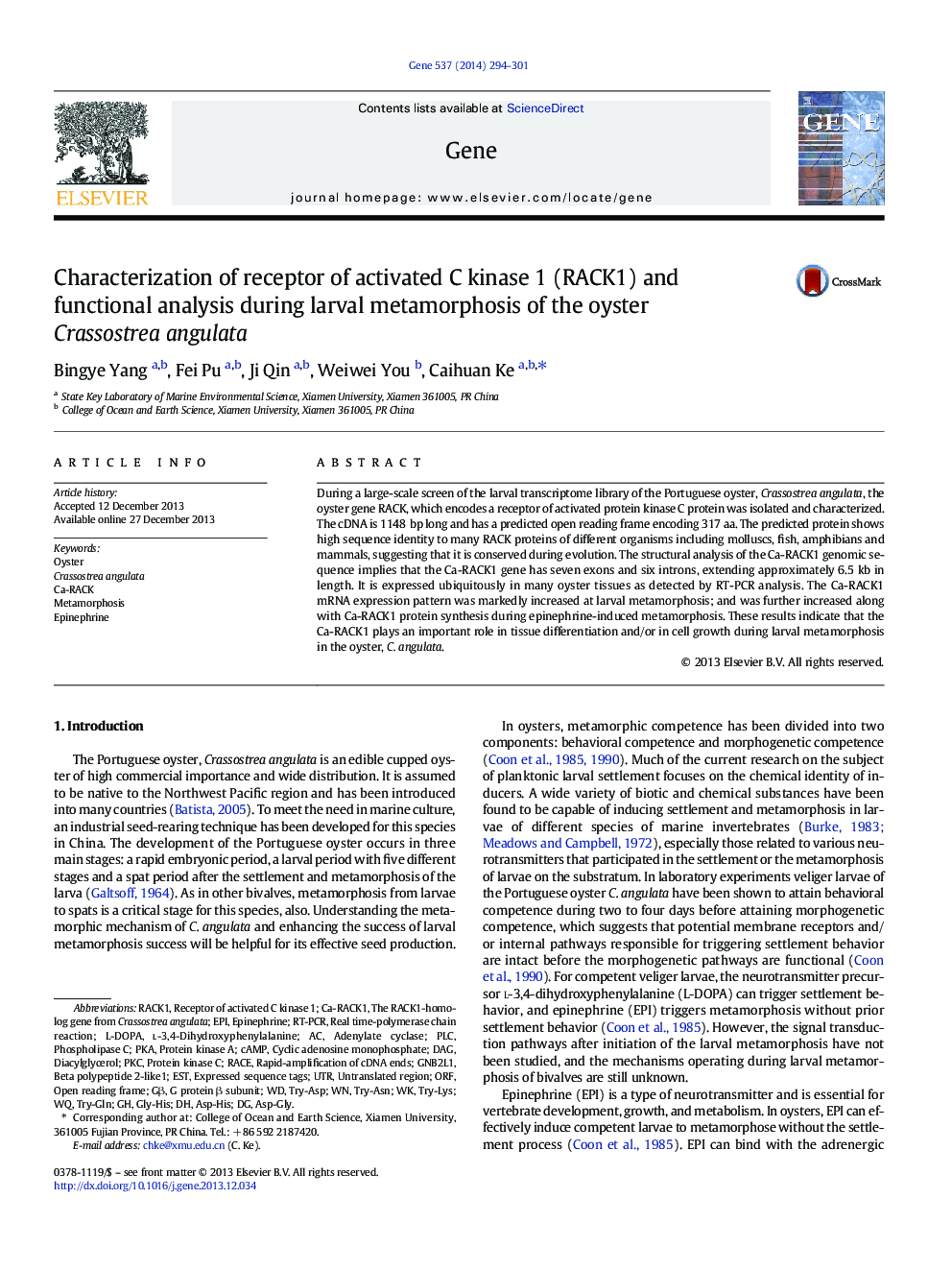 Characterization of receptor of activated C kinase 1 (RACK1) and functional analysis during larval metamorphosis of the oyster Crassostrea angulata