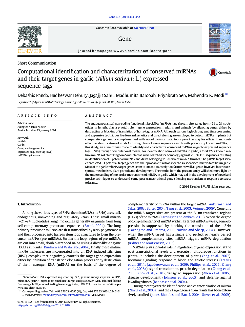 Computational identification and characterization of conserved miRNAs and their target genes in garlic (Allium sativum L.) expressed sequence tags