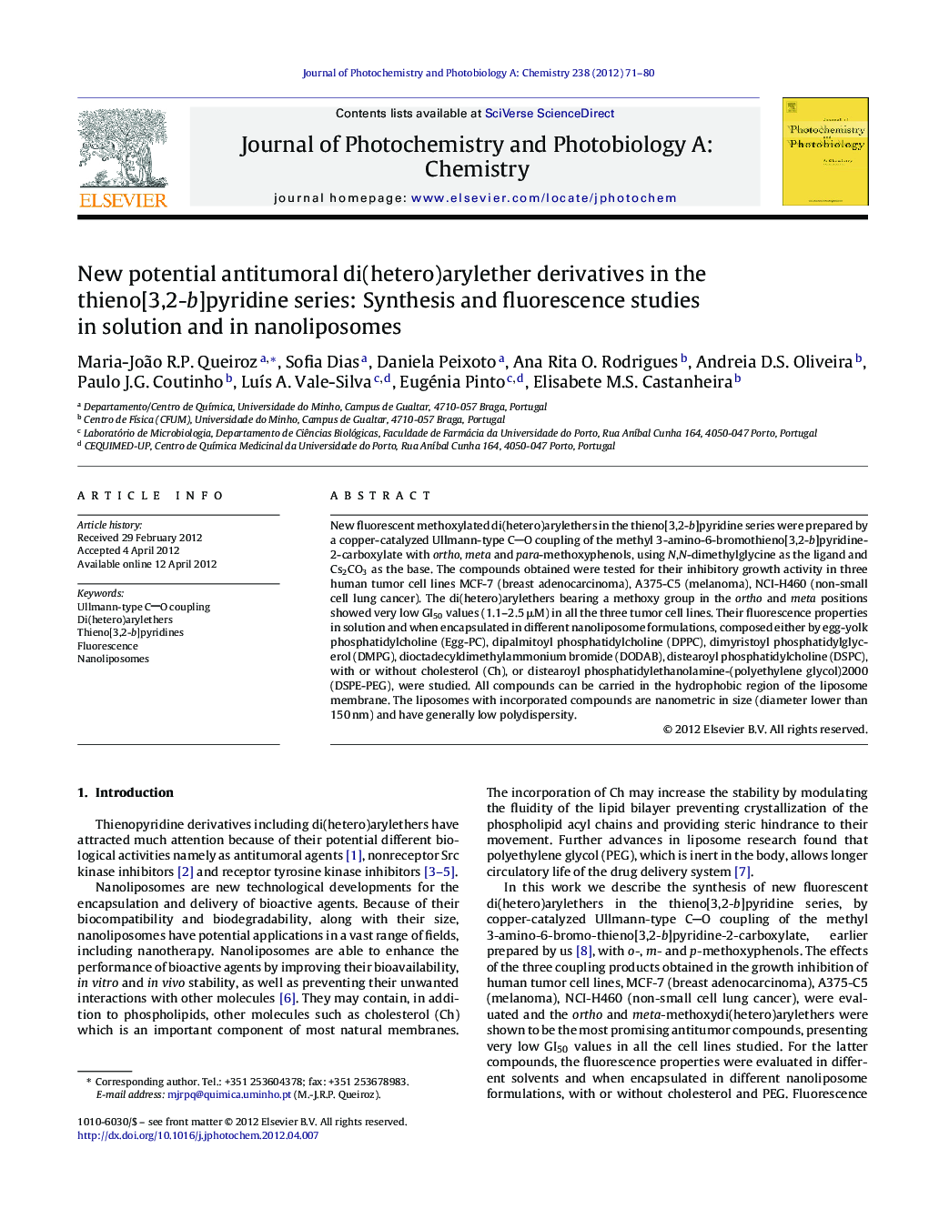 New potential antitumoral di(hetero)arylether derivatives in the thieno[3,2-b]pyridine series: Synthesis and fluorescence studies in solution and in nanoliposomes