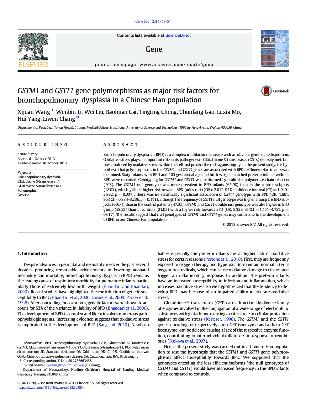 GSTM1 and GSTT1 gene polymorphisms as major risk factors for bronchopulmonary dysplasia in a Chinese Han population