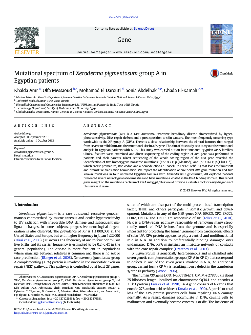 Mutational spectrum of Xeroderma pigmentosum group A in Egyptian patients