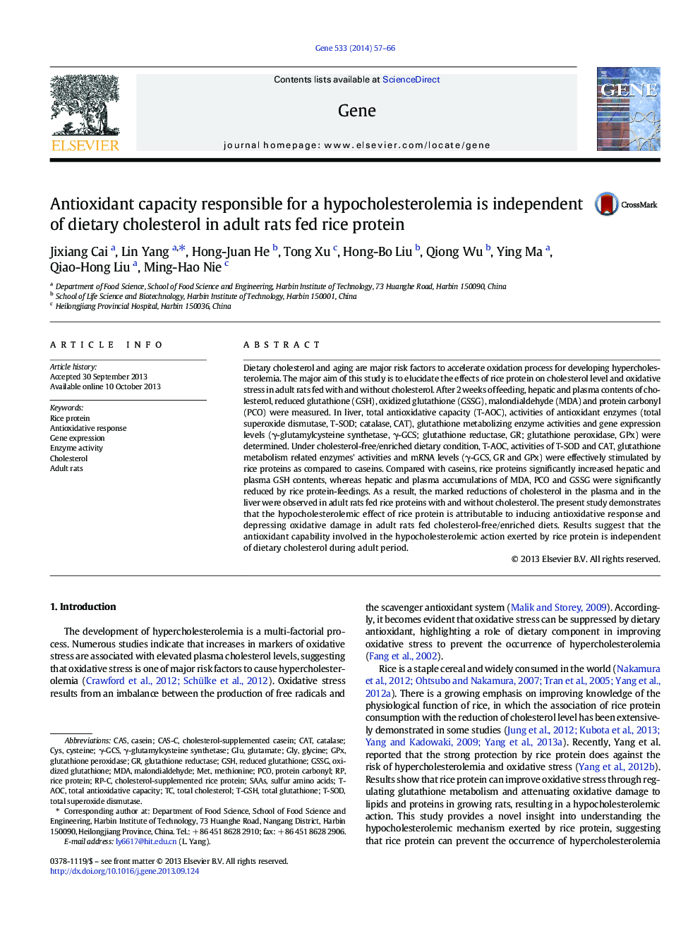 Antioxidant capacity responsible for a hypocholesterolemia is independent of dietary cholesterol in adult rats fed rice protein