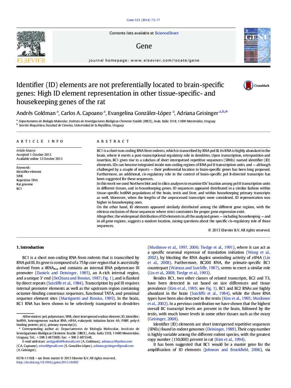 Identifier (ID) elements are not preferentially located to brain-specific genes: High ID element representation in other tissue-specific- and housekeeping genes of the rat