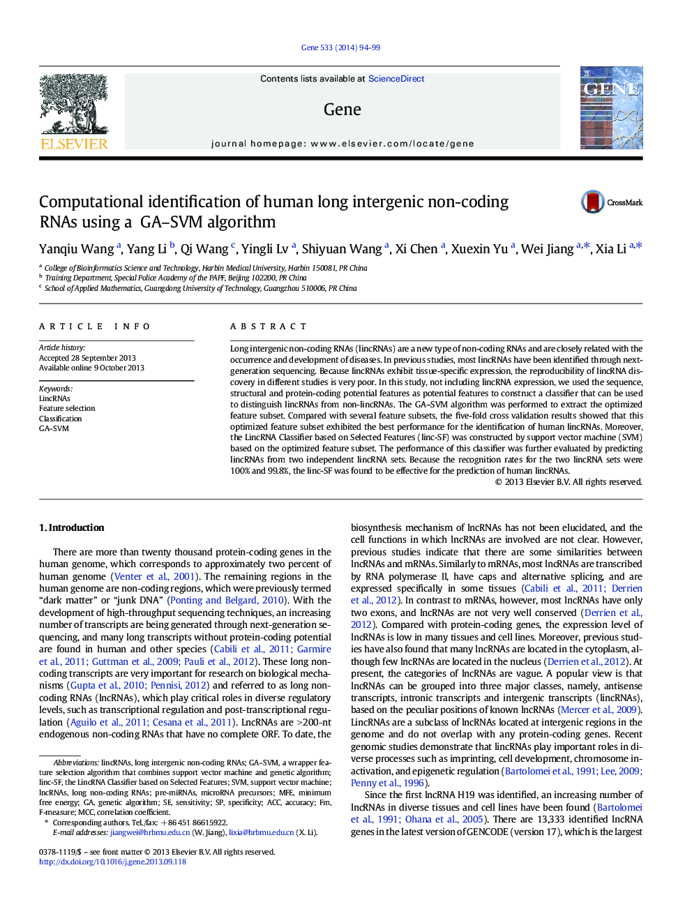 Computational identification of human long intergenic non-coding RNAs using a GA–SVM algorithm