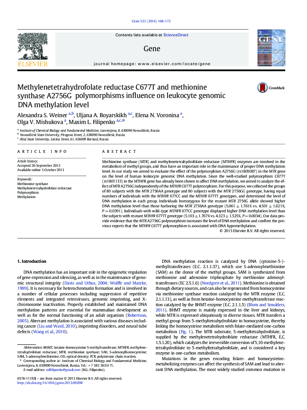 Methylenetetrahydrofolate reductase C677T and methionine synthase A2756G polymorphisms influence on leukocyte genomic DNA methylation level