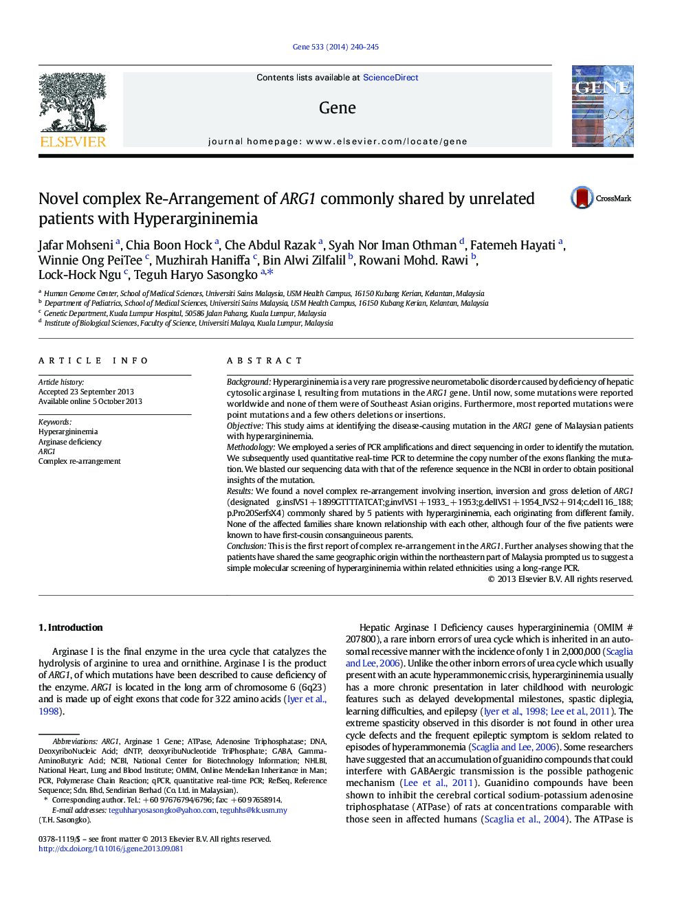 Novel complex Re-Arrangement of ARG1 commonly shared by unrelated patients with Hyperargininemia