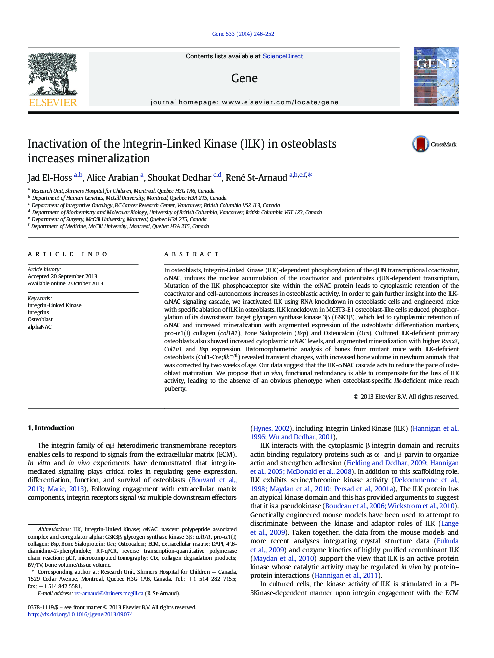 Inactivation of the Integrin-Linked Kinase (ILK) in osteoblasts increases mineralization