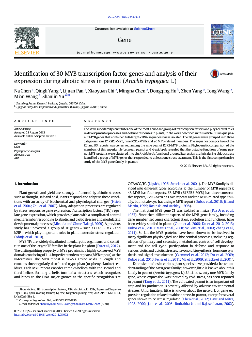 Identification of 30 MYB transcription factor genes and analysis of their expression during abiotic stress in peanut (Arachis hypogaea L.)