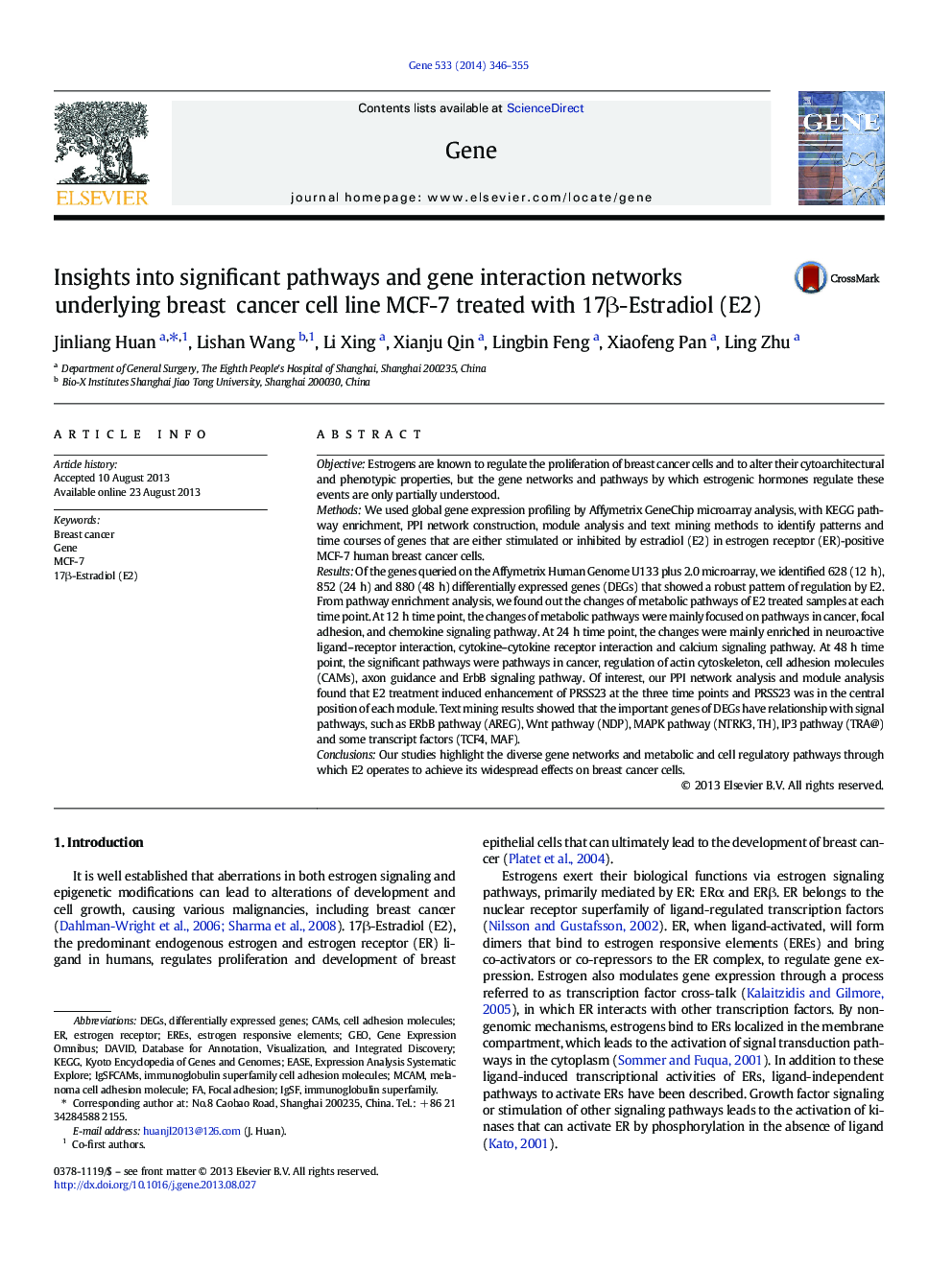 Insights into significant pathways and gene interaction networks underlying breast cancer cell line MCF-7 treated with 17β-Estradiol (E2)