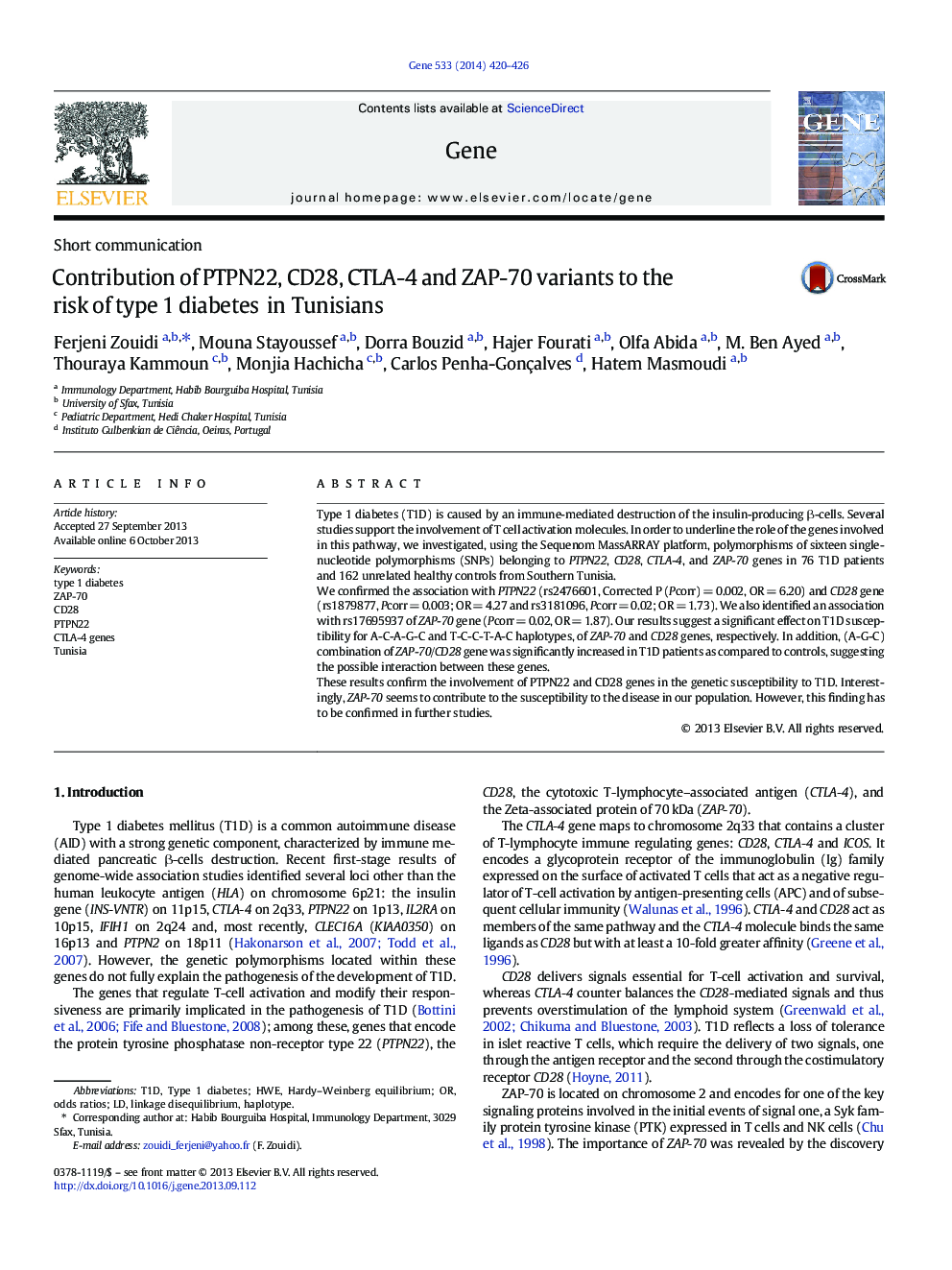 Contribution of PTPN22, CD28, CTLA-4 and ZAP-70 variants to the risk of type 1 diabetes in Tunisians