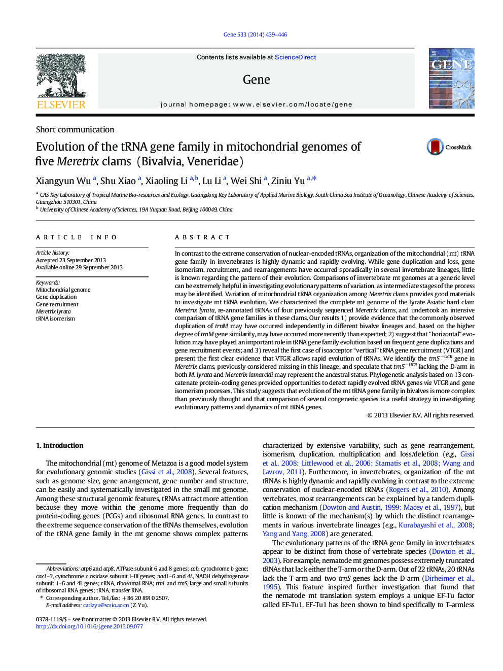 Evolution of the tRNA gene family in mitochondrial genomes of five Meretrix clams (Bivalvia, Veneridae)