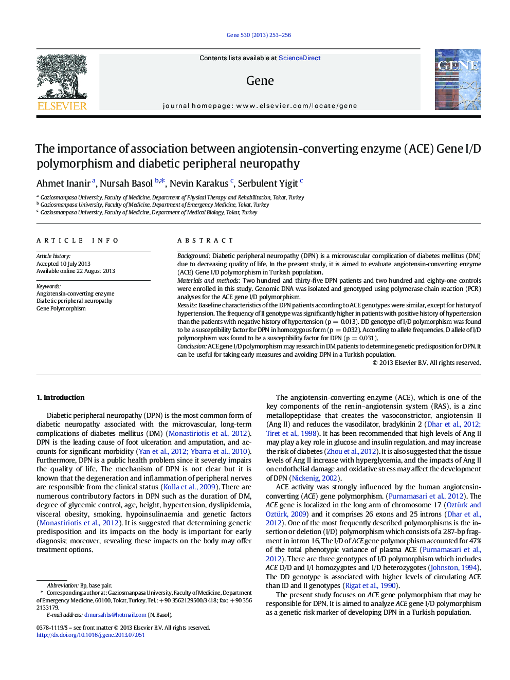 The importance of association between angiotensin-converting enzyme (ACE) Gene I/D polymorphism and diabetic peripheral neuropathy