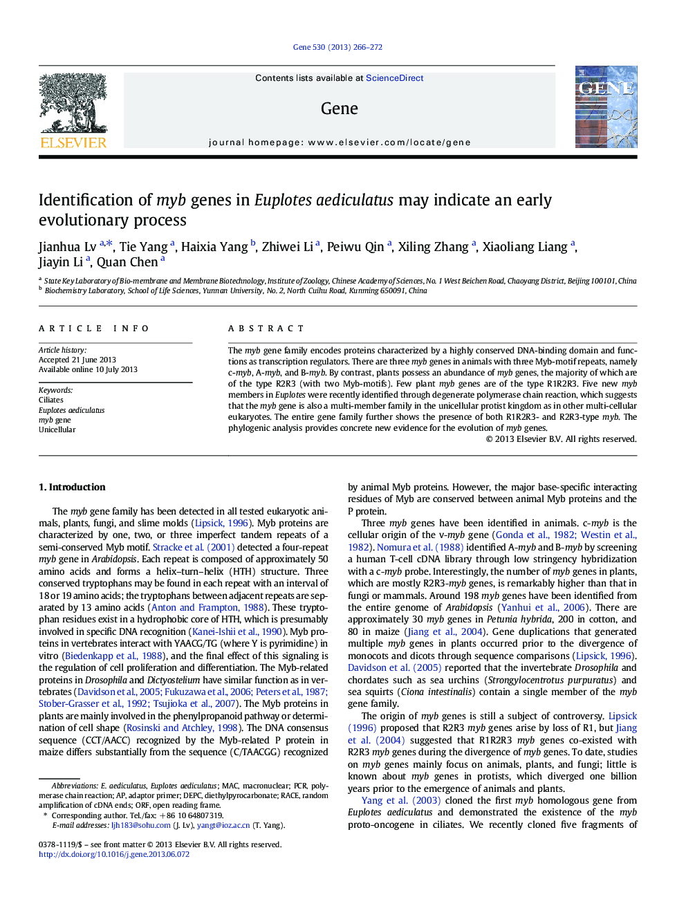 Identification of myb genes in Euplotes aediculatus may indicate an early evolutionary process