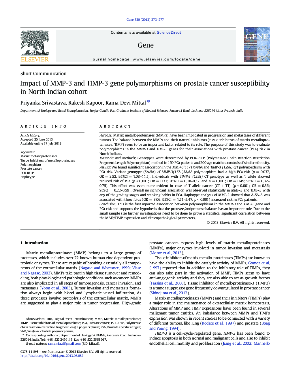 Impact of MMP-3 and TIMP-3 gene polymorphisms on prostate cancer susceptibility in North Indian cohort