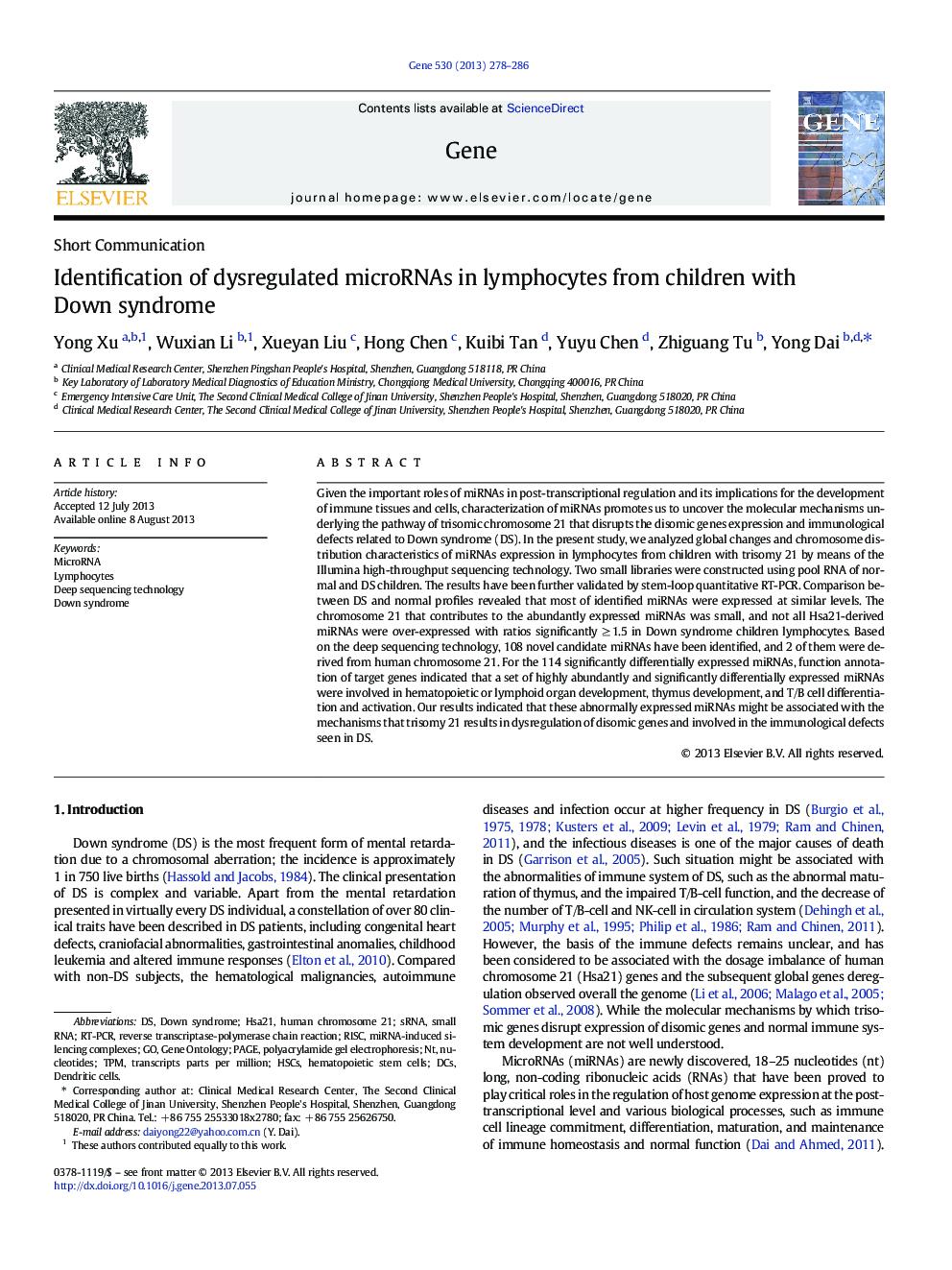 Identification of dysregulated microRNAs in lymphocytes from children with Down syndrome