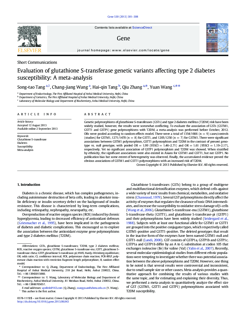 Evaluation of glutathione S-transferase genetic variants affecting type 2 diabetes susceptibility: A meta-analysis