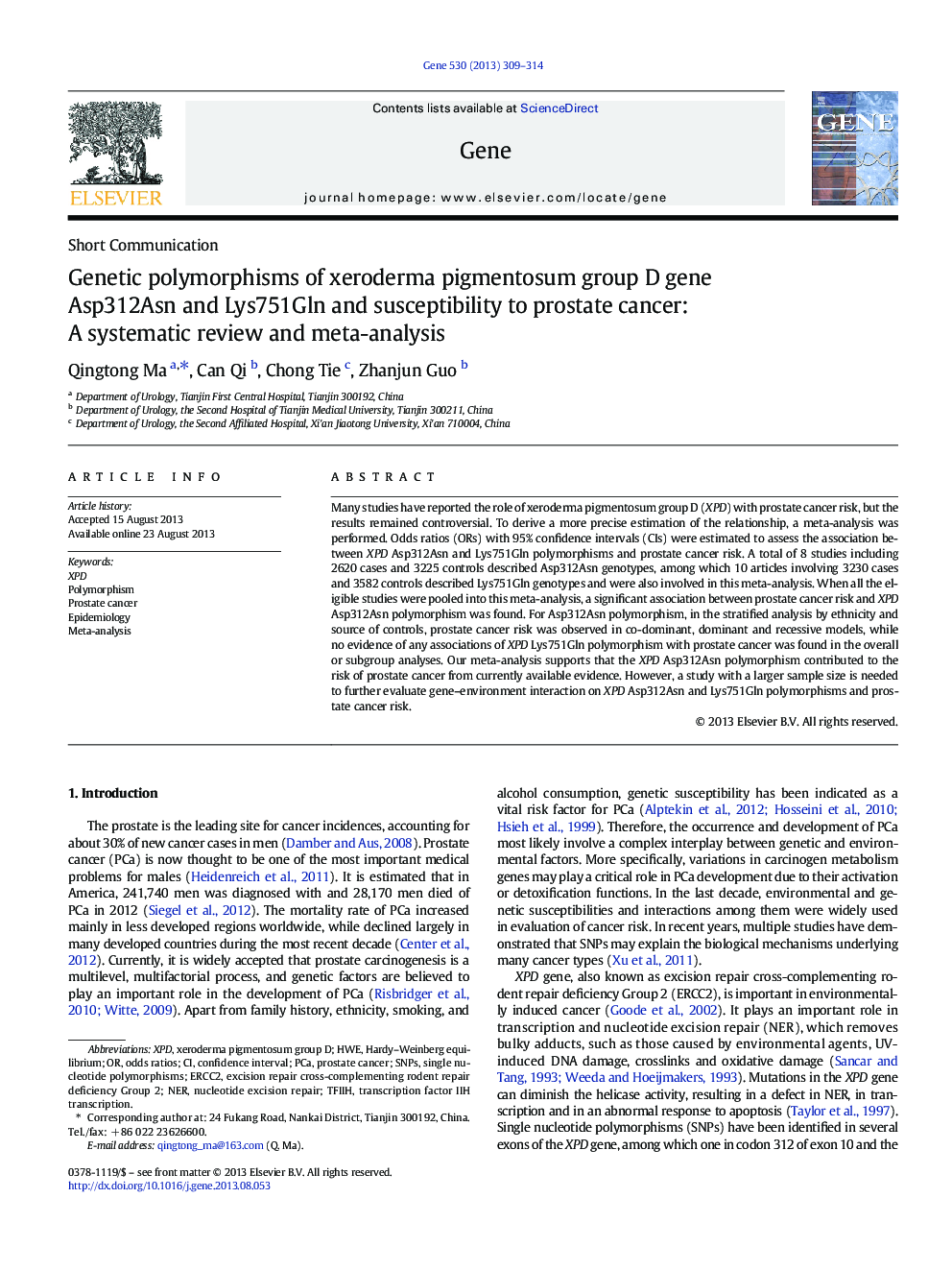 Genetic polymorphisms of xeroderma pigmentosum group D gene Asp312Asn and Lys751Gln and susceptibility to prostate cancer: A systematic review and meta-analysis