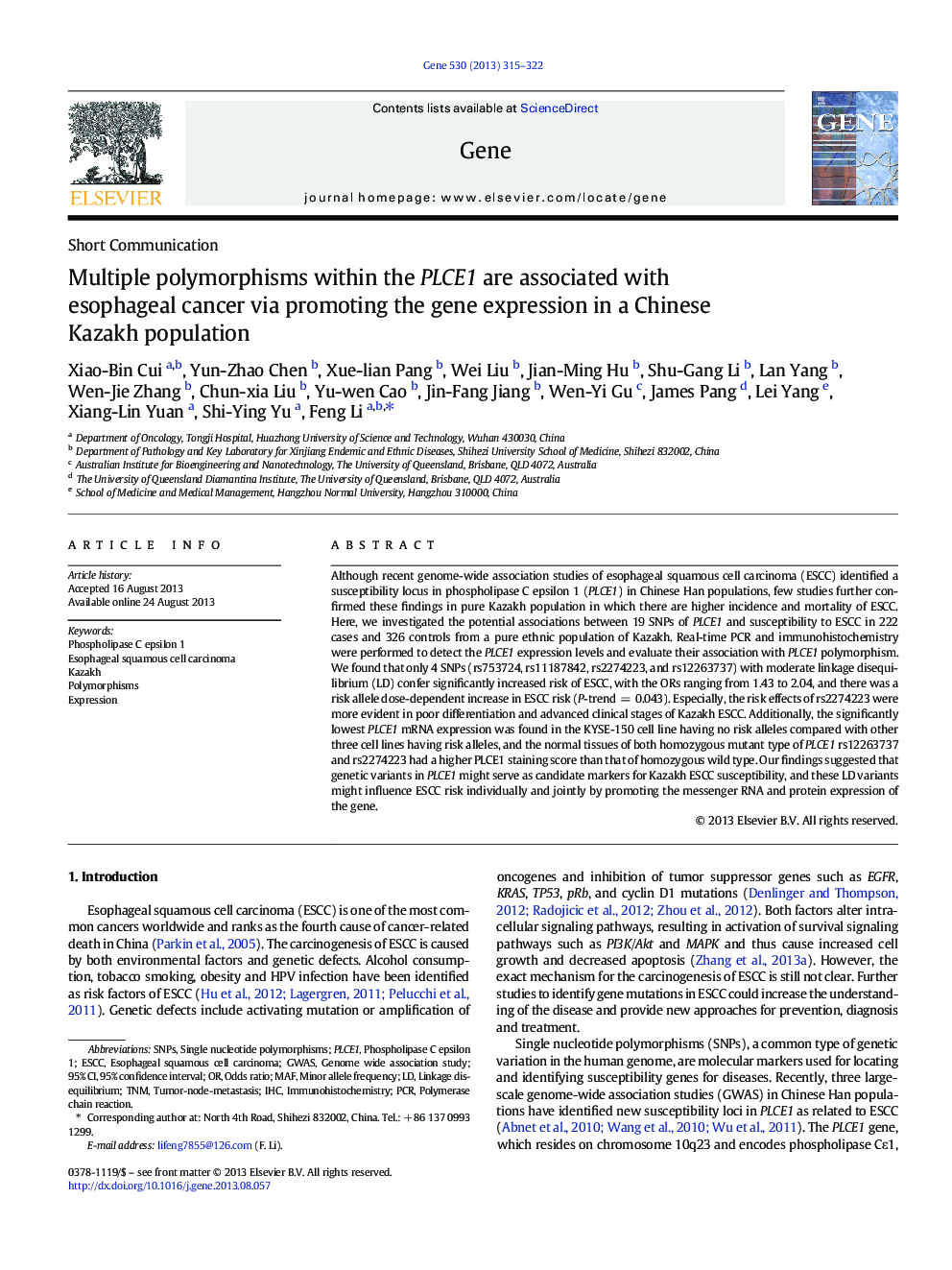 Multiple polymorphisms within the PLCE1 are associated with esophageal cancer via promoting the gene expression in a Chinese Kazakh population