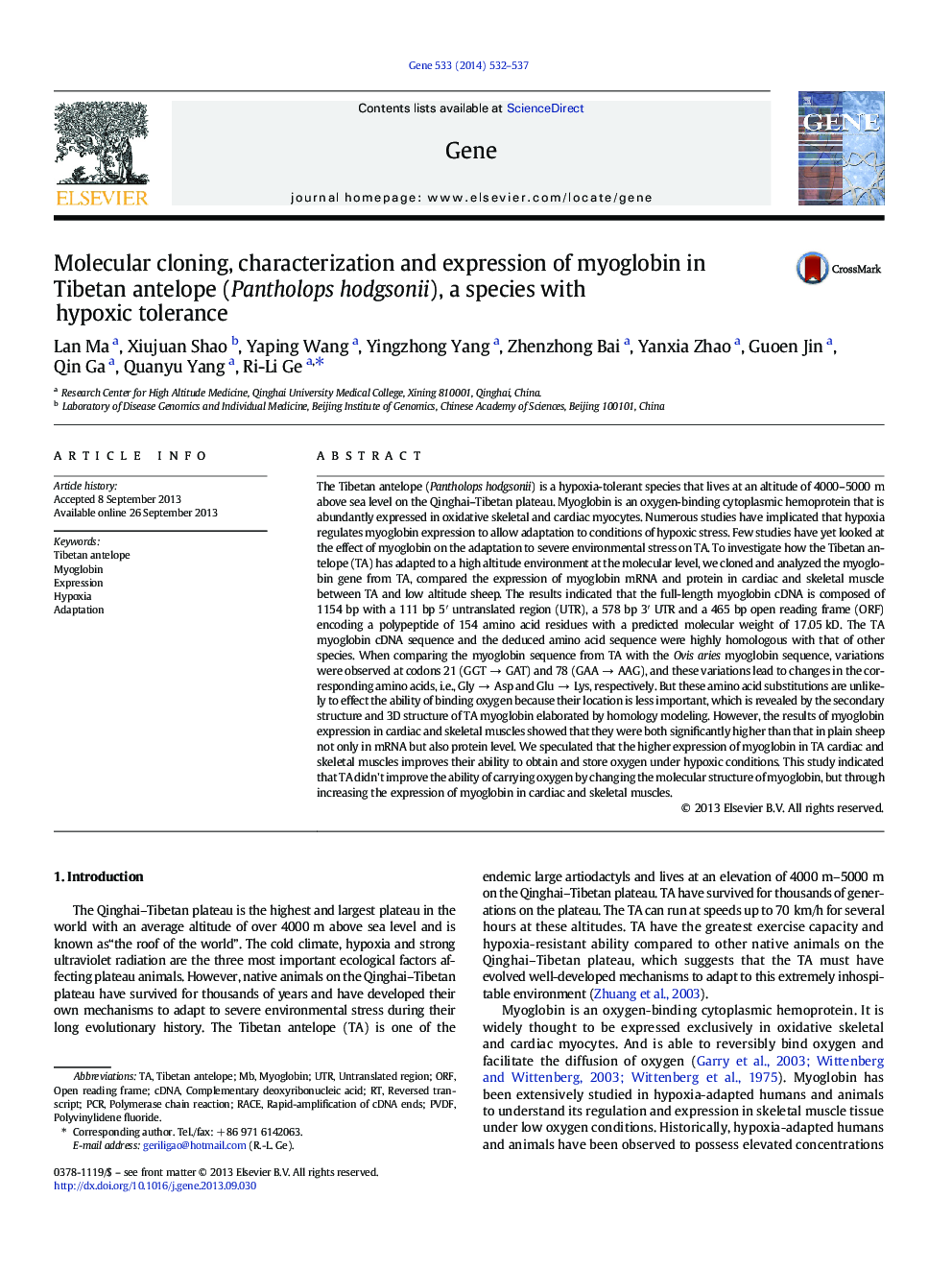 Molecular cloning, characterization and expression of myoglobin in Tibetan antelope (Pantholops hodgsonii), a species with hypoxic tolerance