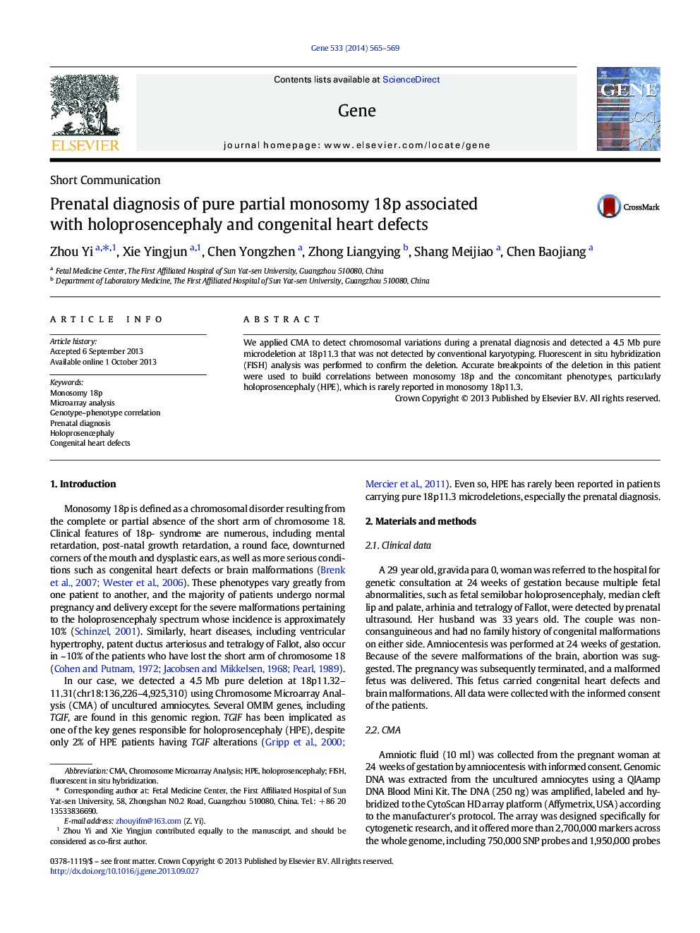 Prenatal diagnosis of pure partial monosomy 18p associated with holoprosencephaly and congenital heart defects