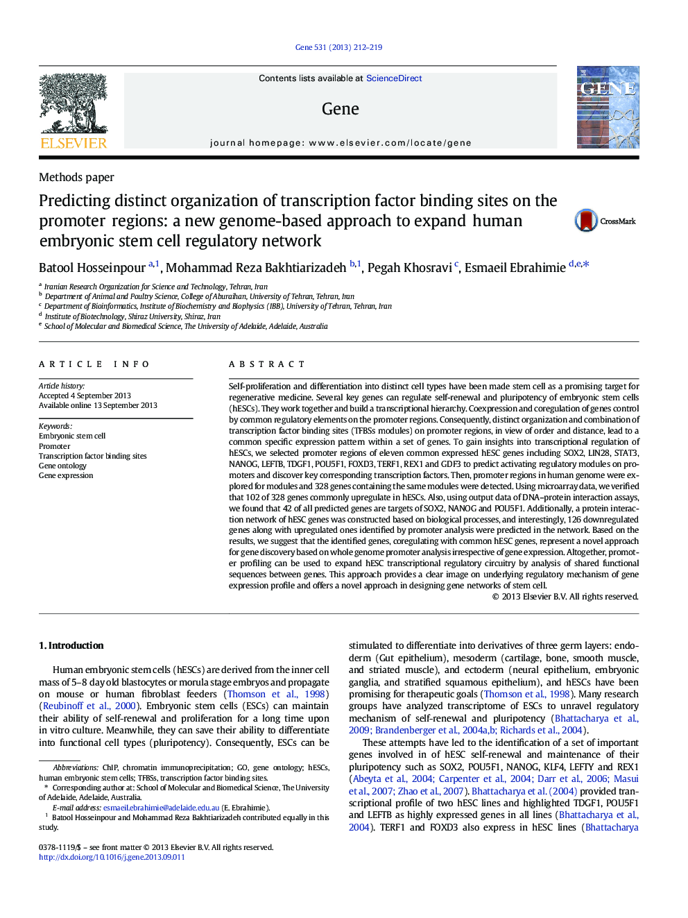 Predicting distinct organization of transcription factor binding sites on the promoter regions: a new genome-based approach to expand human embryonic stem cell regulatory network