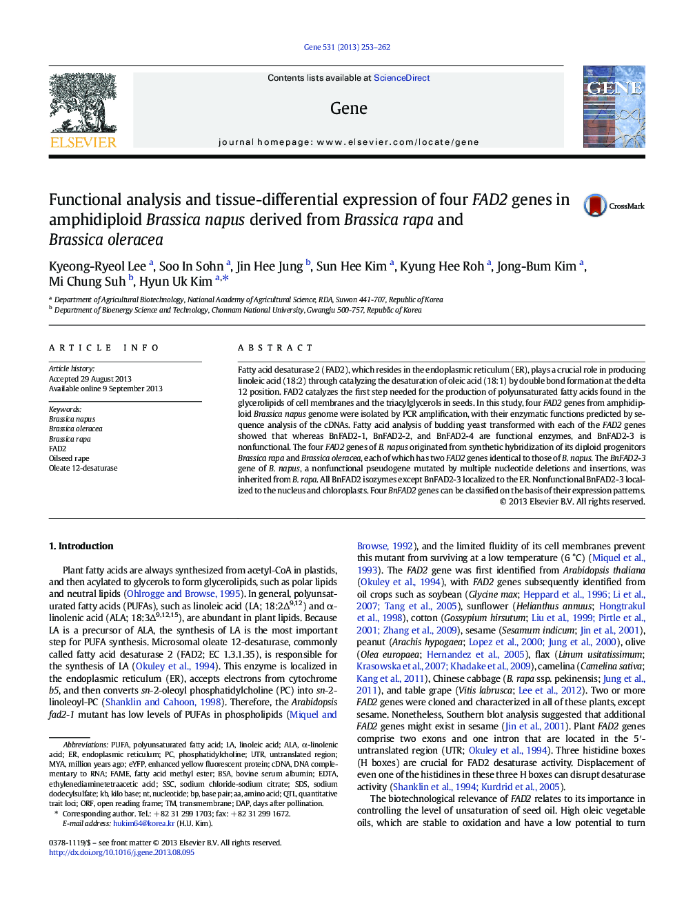 Functional analysis and tissue-differential expression of four FAD2 genes in amphidiploid Brassica napus derived from Brassica rapa and Brassica oleracea