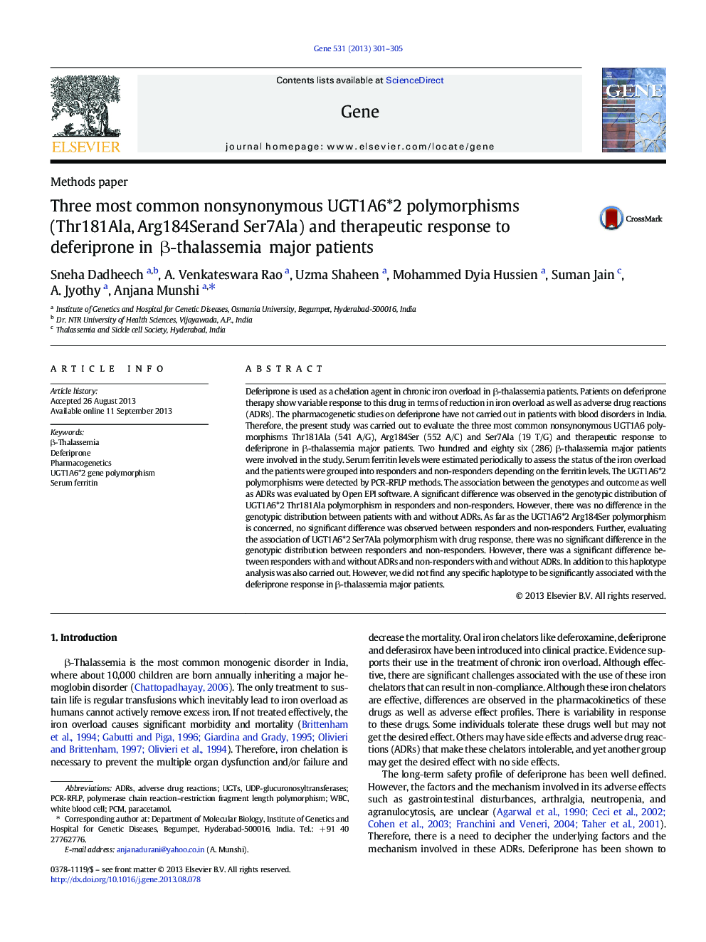 Three most common nonsynonymous UGT1A6*2 polymorphisms (Thr181Ala, Arg184Serand Ser7Ala) and therapeutic response to deferiprone in β-thalassemia major patients