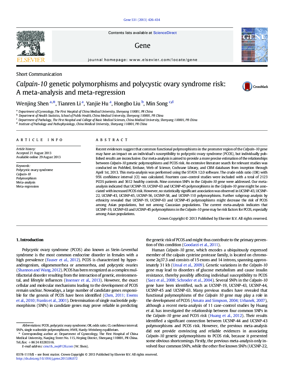 Calpain-10 genetic polymorphisms and polycystic ovary syndrome risk: A meta-analysis and meta-regression