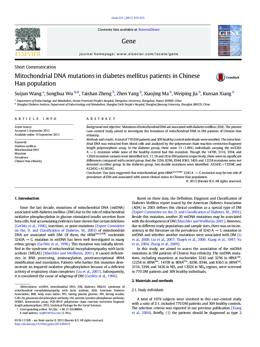 Mitochondrial DNA mutations in diabetes mellitus patients in Chinese Han population