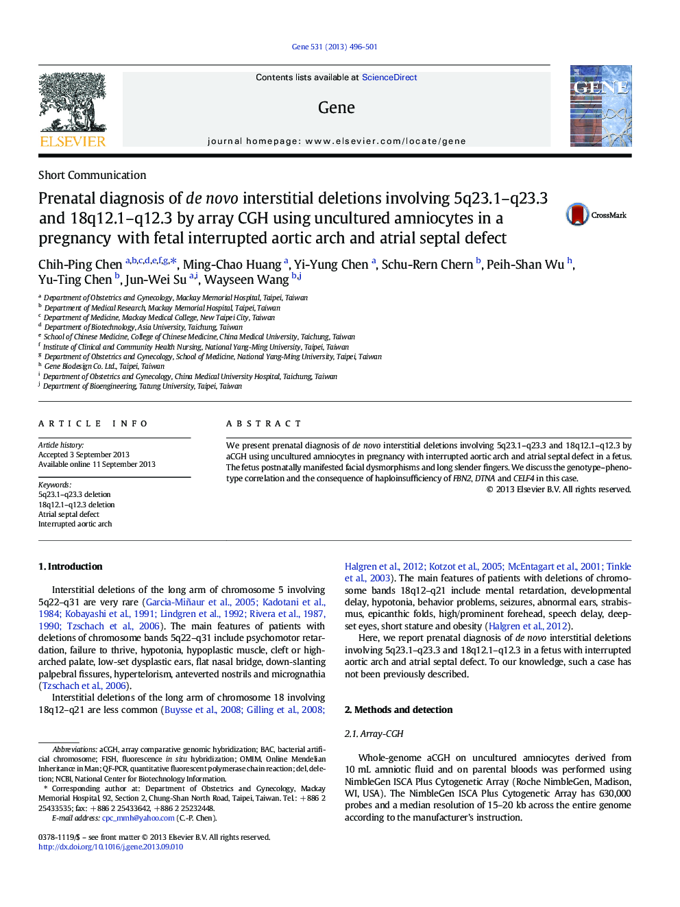 Prenatal diagnosis of de novo interstitial deletions involving 5q23.1–q23.3 and 18q12.1–q12.3 by array CGH using uncultured amniocytes in a pregnancy with fetal interrupted aortic arch and atrial septal defect