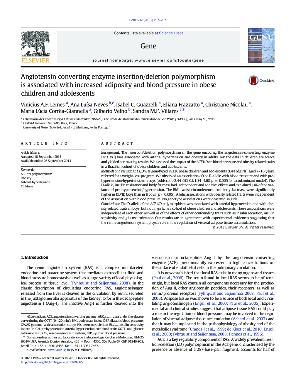 Angiotensin converting enzyme insertion/deletion polymorphism is associated with increased adiposity and blood pressure in obese children and adolescents