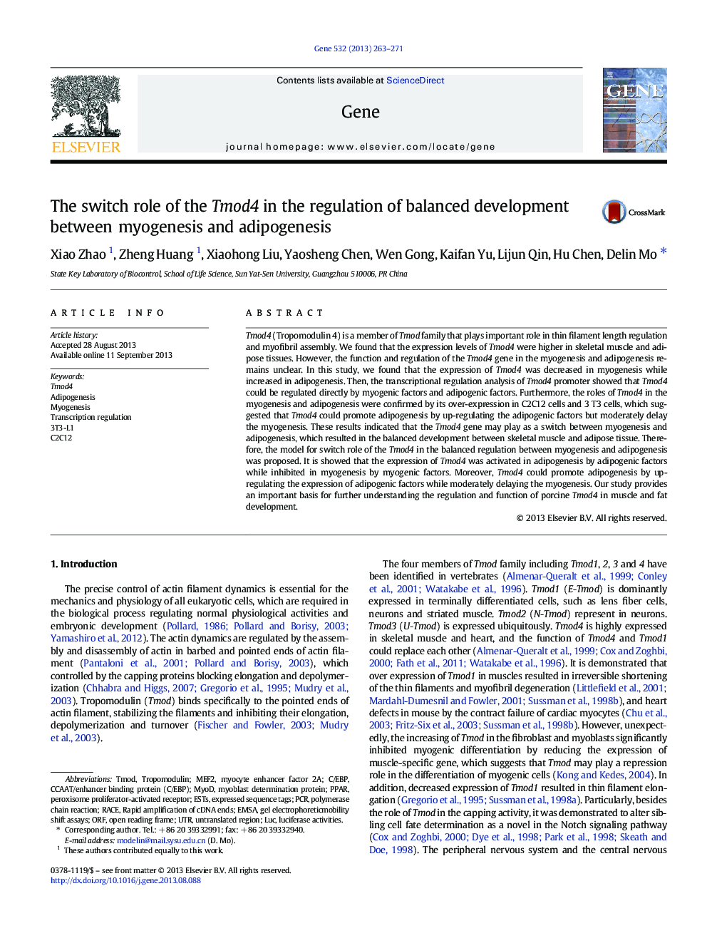 The switch role of the Tmod4 in the regulation of balanced development between myogenesis and adipogenesis