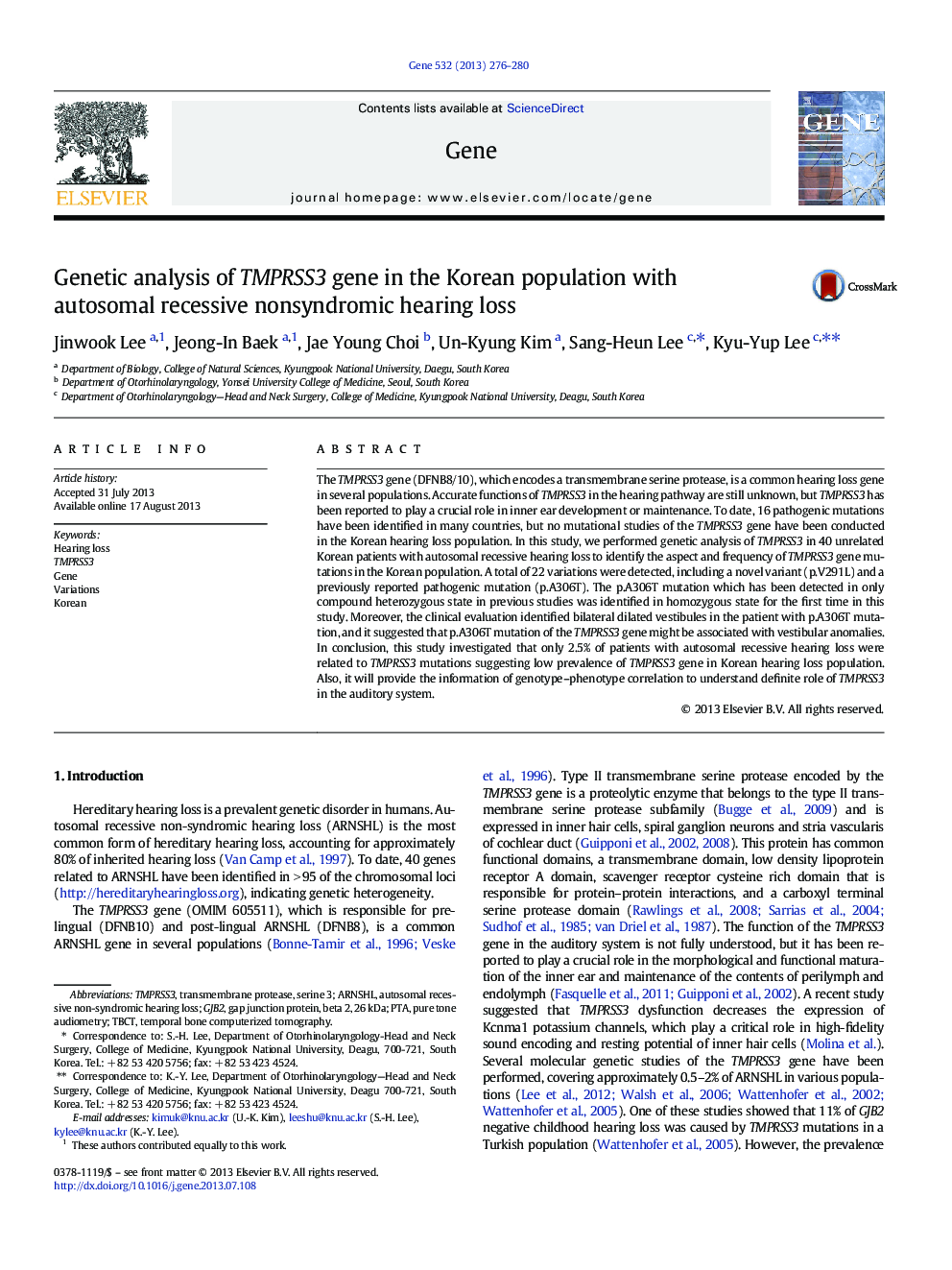 Genetic analysis of TMPRSS3 gene in the Korean population with autosomal recessive nonsyndromic hearing loss