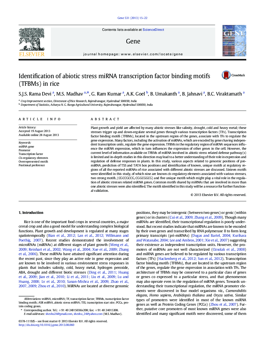 Identification of abiotic stress miRNA transcription factor binding motifs (TFBMs) in rice