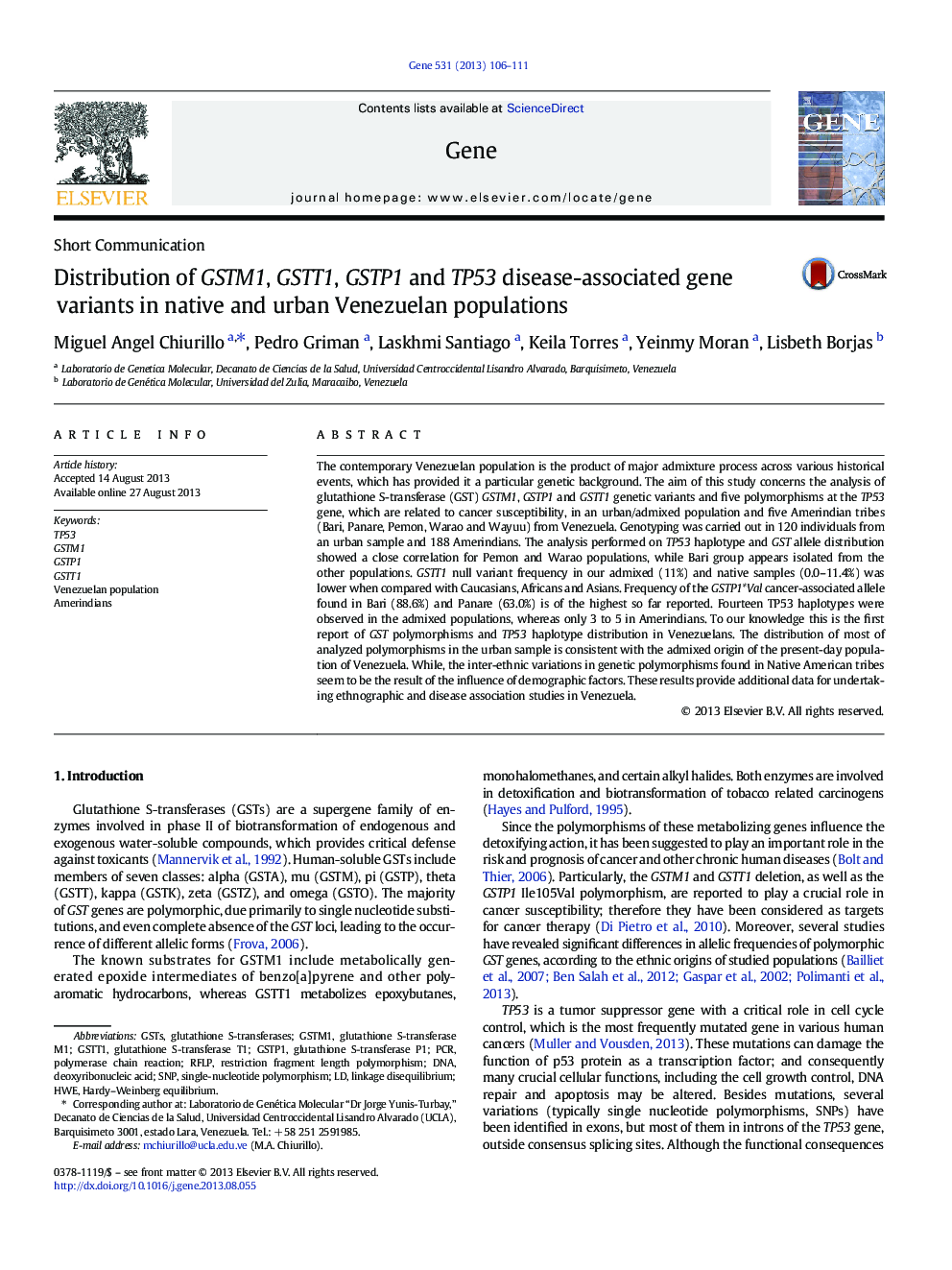 Distribution of GSTM1, GSTT1, GSTP1 and TP53 disease-associated gene variants in native and urban Venezuelan populations