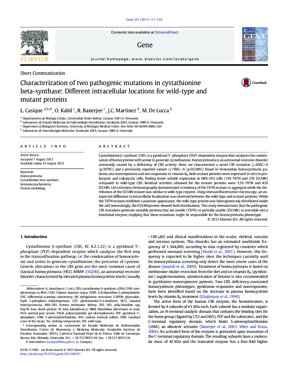 Characterization of two pathogenic mutations in cystathionine beta-synthase: Different intracellular locations for wild-type and mutant proteins