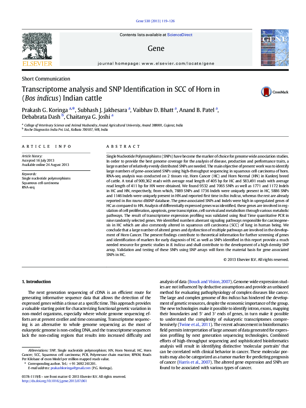 Transcriptome analysis and SNP Identification in SCC of Horn in (Bos indicus) Indian cattle