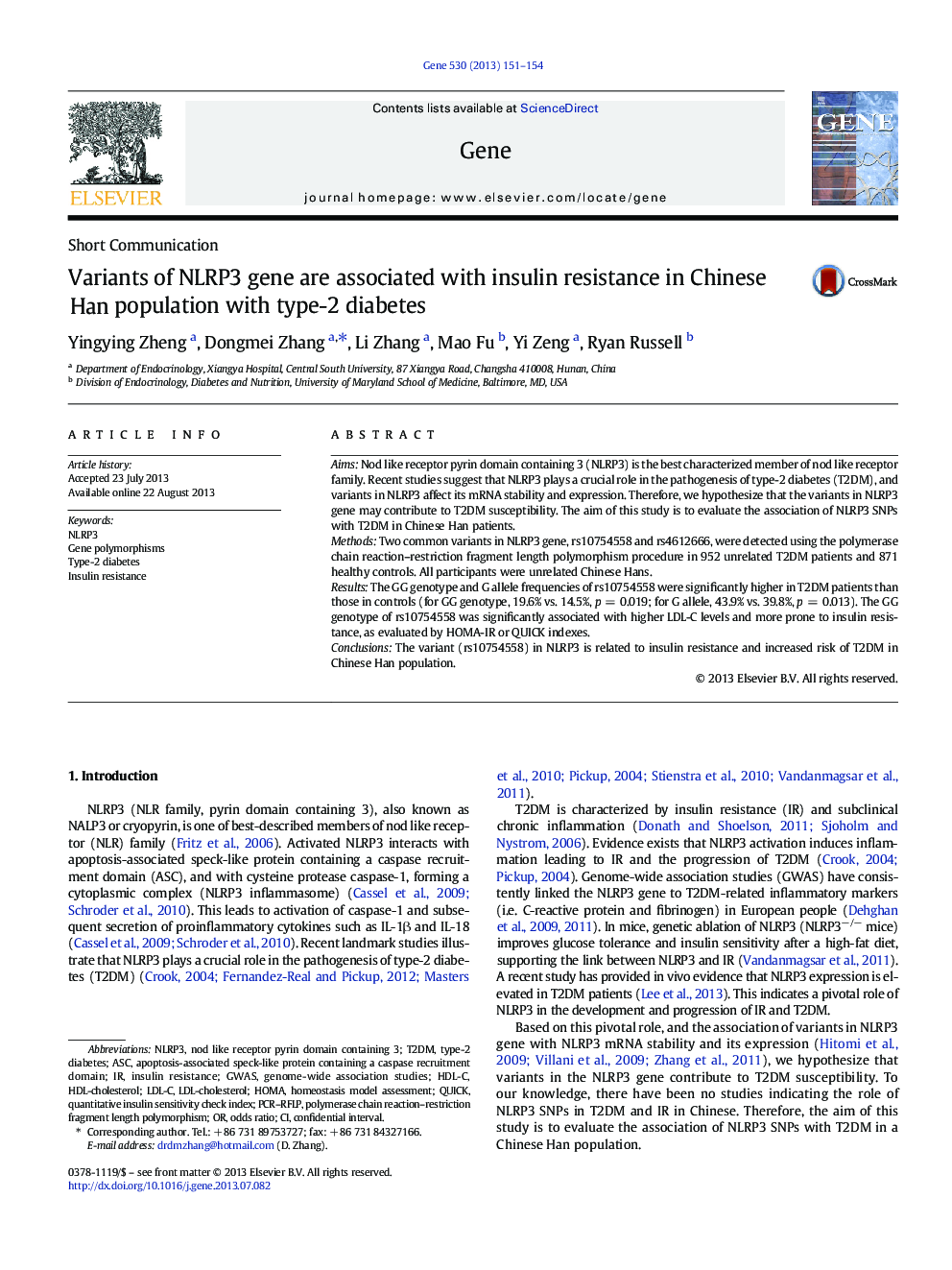 Variants of NLRP3 gene are associated with insulin resistance in Chinese Han population with type-2 diabetes