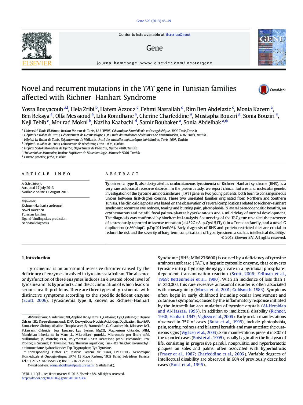 Novel and recurrent mutations in the TAT gene in Tunisian families affected with Richner–Hanhart Syndrome