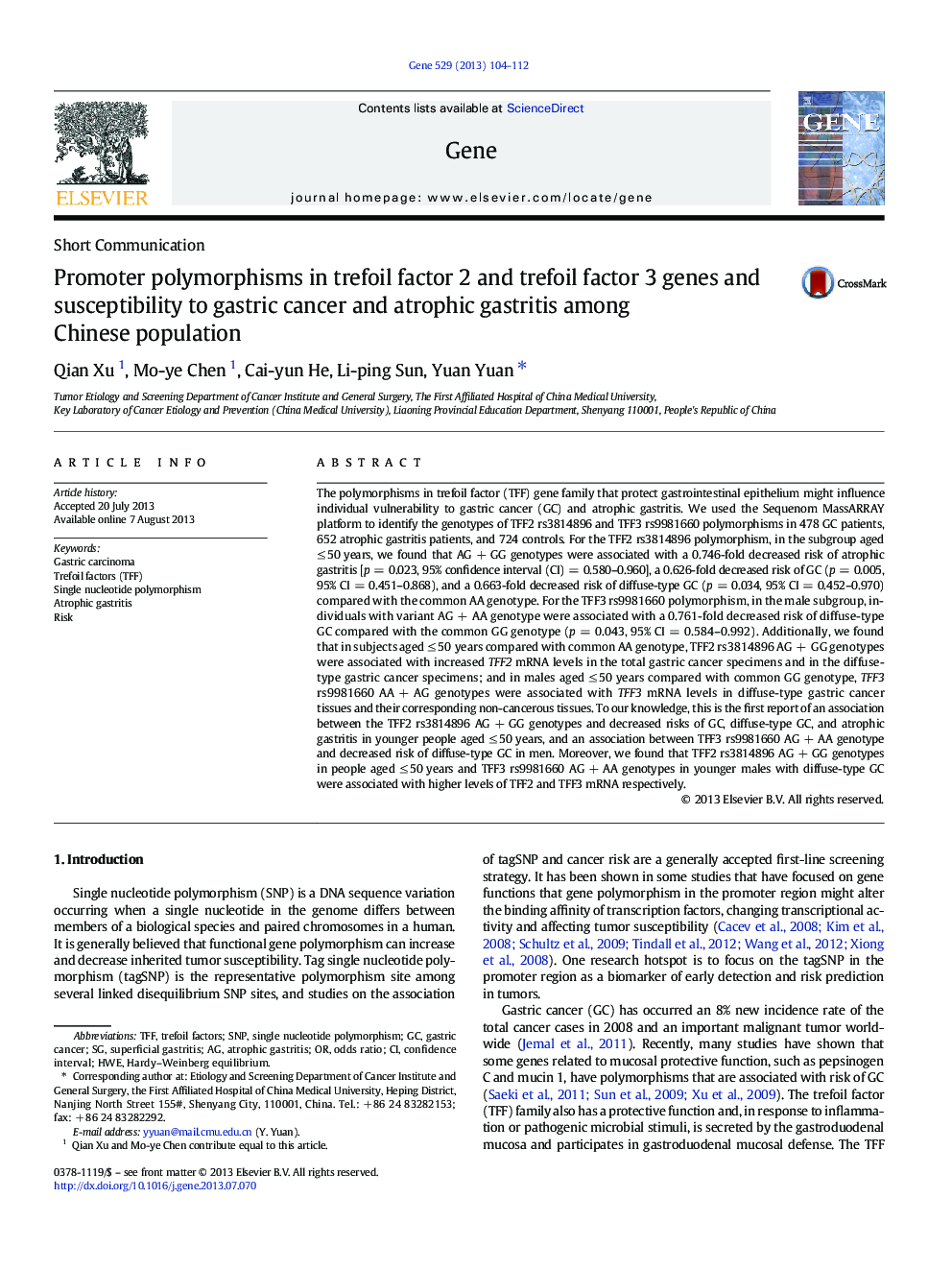 Promoter polymorphisms in trefoil factor 2 and trefoil factor 3 genes and susceptibility to gastric cancer and atrophic gastritis among Chinese population
